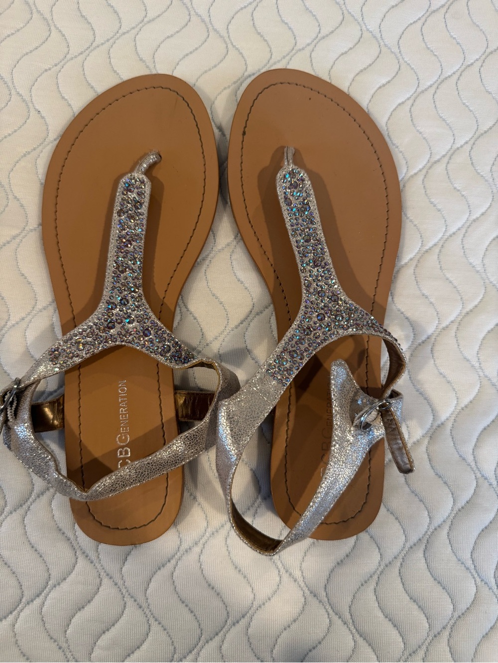 BCBGeneration Silver Glitter T-Strap Rhinestone Sandals
